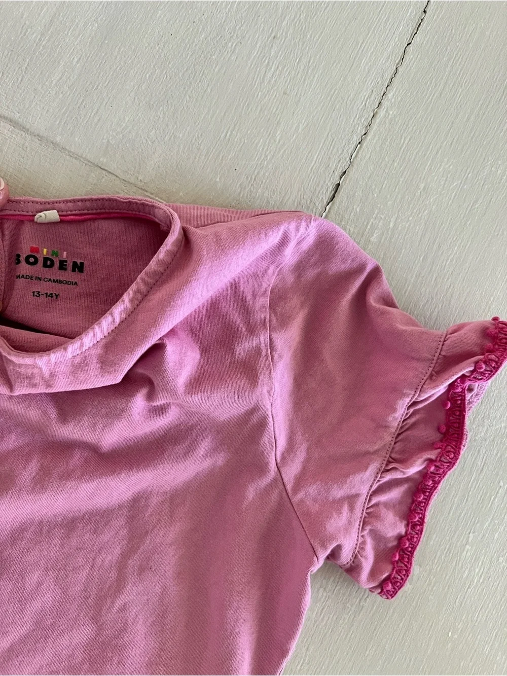 Mini Boden Girls Pink Ruffle Sleeve Tee Short Sleeve Shirt Cute Summer Top 13/14